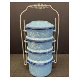 Stackable enamelware food carrier/tiffen.  Blue w/