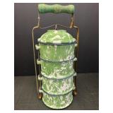Green swirl enamelware stacking food tiffin.