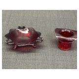Ruby red glass ashtray & top hat toothpick holder,