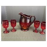 Ruby Red glass pitcher & 4 stemmed glasses,
