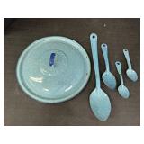 Blue & White Enamelware Lid & Spoons