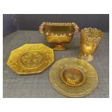 4 misc amber glass dishes.