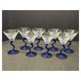 8 vtg martini glasses with cobalt blue zigzag stem