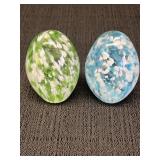 2 speckled glass eggs, 2in.  Blue/white/clear &