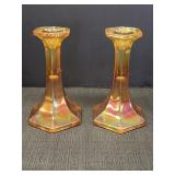 Marigold Carnival Glass candlestick holders, 7in