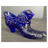 Fenton Deep Cobalt Blue Glass Cat Shoe