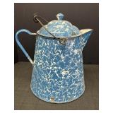 Vtg blue & white swirl enamel cowboy coffee pot.