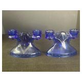 2 Cobalt Blue Double Candlestick Holders