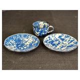 Blue & White Swirl Enamelware 2 Plate & Cup