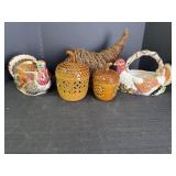 Ceramic turkey candy dish, lighted acorns &