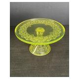 9.5" Yellow Vaseline Glass Pedestal Cake Plate