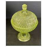 7.5" Yellow Vaseline Glass Pedestal Compote
