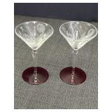 Vtg etched glass cordial glasses w/red base (2)