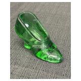 Green glass shoe, 4.5in length x 2.75in high