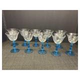 10 Azure Blue stem barware glasses w/Manganese