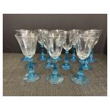 12 Azure Blue stem barware glasses w/Manganese