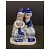 Handpainted Delft Blue girl & boy on bench