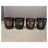 4- 3.5" Ruby Red Cut to Clear Crystal Cordial