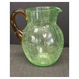 Uranium crackle glass pitcher w/dark amber applied