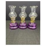 3 small purple glass oil lamps, 6.5in.  Top edge