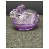 Lavender glass bunny on a nest, 5 x 4in tall