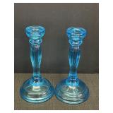 Pr. of Blue Glass Art Deco Candlesticks