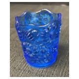 Blue glass daisy & tulip pattern toothpick holder.