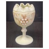 Custard glass goblet w/crimped edge & grapevine