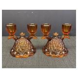 Vtg pair Double Stick Amber Glass Candle Holders,