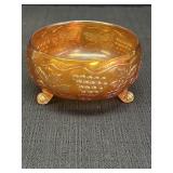 Marigold carnival glass footed bowl w/grapevine