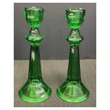 Emerald green glass candlestick holders, 10.25in