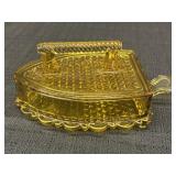 Light Amber glass flat iron covered dish.  9 x 4in