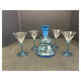 Blue Glass Decanter w/ 4 Liquor Glasses