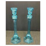 Pair of Art Deco Blue Glass Candlesticks