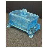 Blue Glass Stove w/ Flat Iron Butter Dish.