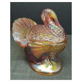 Amberina Carnival Glass turkey covered candy dish