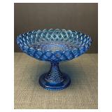 7" Blue Glass Lattice Basketweave Compote