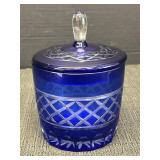 Cobalt blue cut-to-clear glass jar with lid.