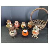 6 decorative chickens & 1 owl & basket