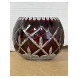 Ruby Red cut-to-clear glass decorative bowl.