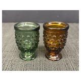 Green & amber hobnail toothpick holders, 2 3/8in