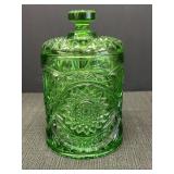 Emerald green cut glass cookie/biscuit jar w/lid.
