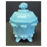 Blue Opaline/Milk Glass Grape Pattern Candy Dish