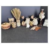 Owls, wood pumpkins, birds & chicken decor