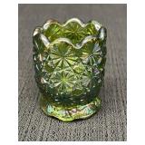 Green carnival glass toothpick holder, daisy &