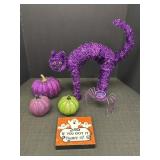 Tinsel Purple Cat, 2 Wooden Pumpkins