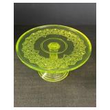 9.5" Yellow/Green Vaseline Glass Pedestal Cake