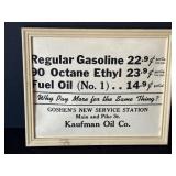 Kaufman Oil Co. Goshen, fuel price sign, framed.