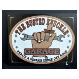 The Busted Knuckle Garage tin sign, 16 x 12.5in