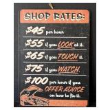Shop Rates humor metal sign, vintage look,